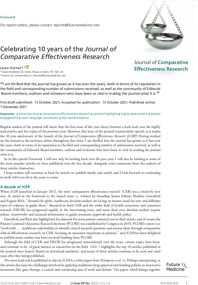 Celebrating 10 years of the Journal of Comparative Effectiveness Research