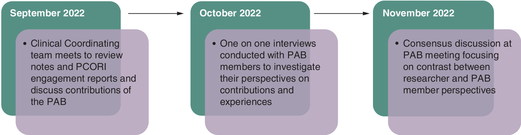Timeline showing patient advisory board evaluation activities from September to November 2022.