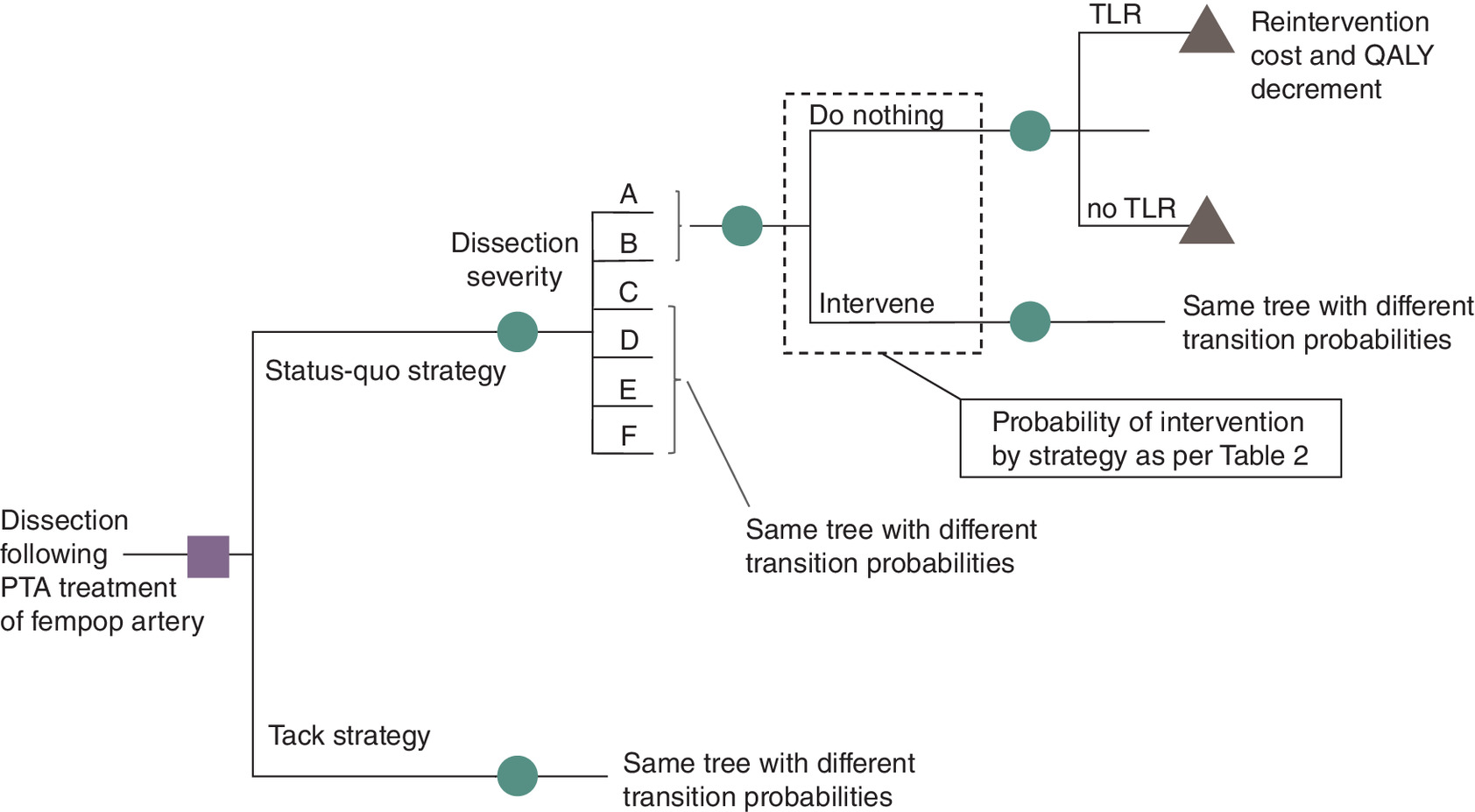 A visual representation of a decision-analytic model for superficial femoral artery endovascular interventions showing a model structure.
