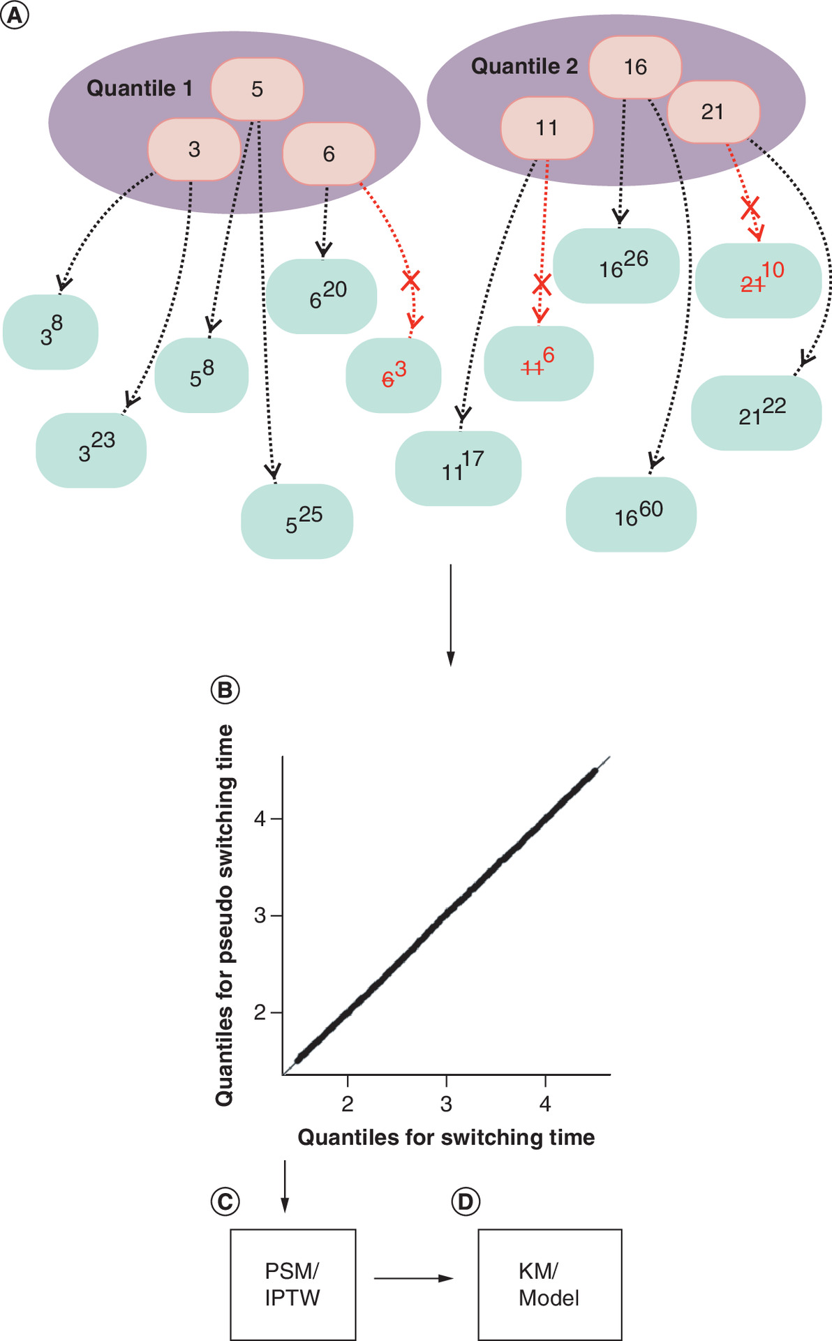 Step-by-step diagram showing how “pseudo-switching” times are assigned to patients who did not switch treatment, followed by matching and analysis to compare outcomes between groups.
