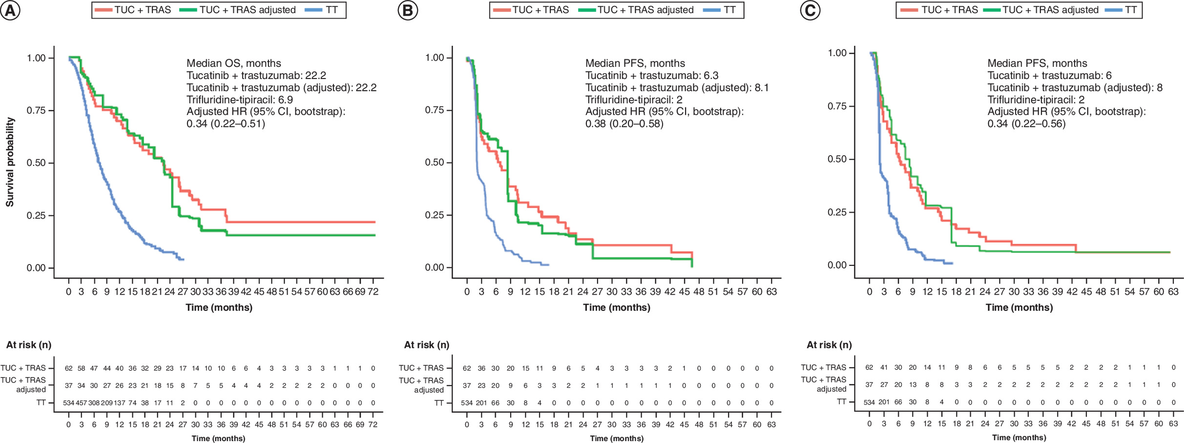Comparison of overall survival and progression-free survival for tucatinib with trastuzumab versus regorafenib, and BICR versus investigator-assessed PFS.