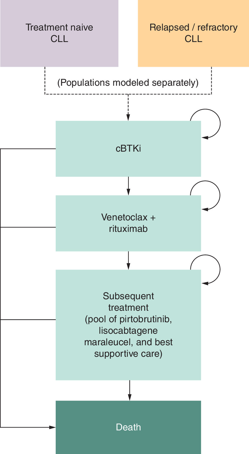 Representation of transitions between cBTKi, venetoclax + rituximab, subsequent treatment and death states in a Markov model for CLL treatment pathways.