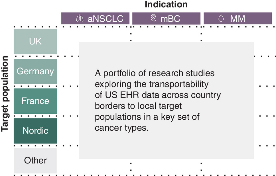 Matrix of studies in different cancer types and target populations for Flatiron FORUM research.