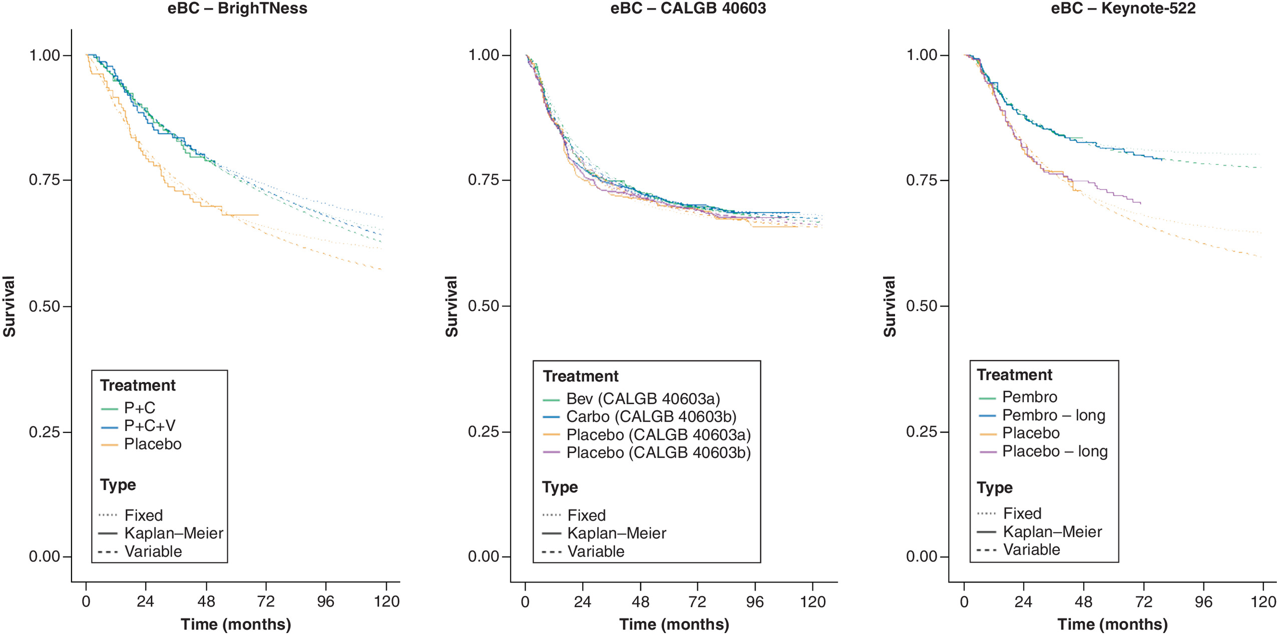 Model-predicted survival curves compared with the observed Kaplan\u2013Meier curves in the early breast cancer\u00a0network.