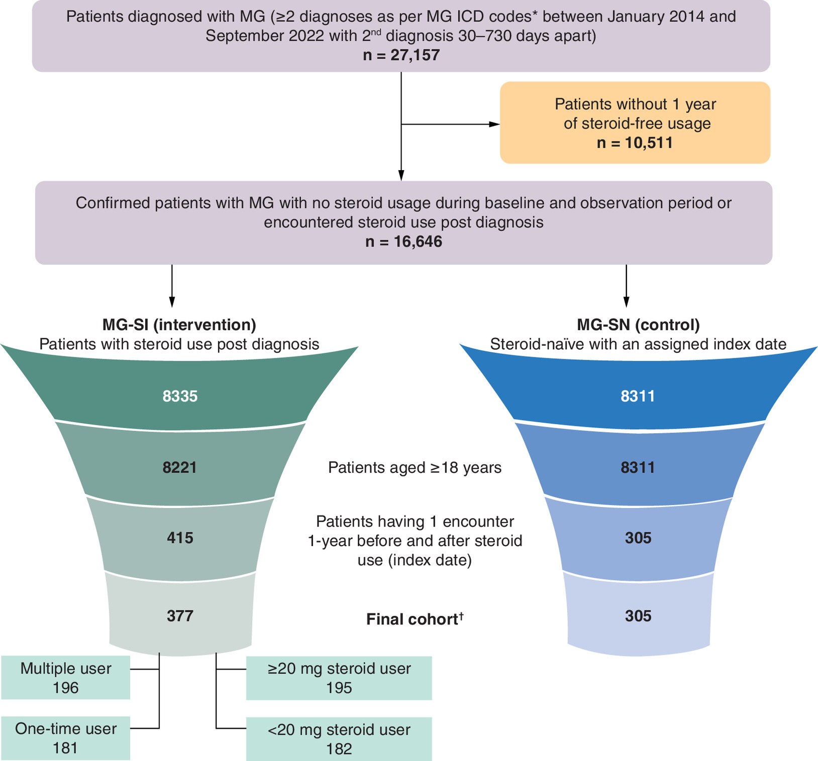 Flowchart showing how 27,157 patients with myasthenia gravis were screened and assigned to two groups: those who used steroids after diagnosis and those who remained steroid-naive. After applying age, encounter and exclusion criteria, the final cohorts included 377 steroid users and 305 steroid-naive patients.