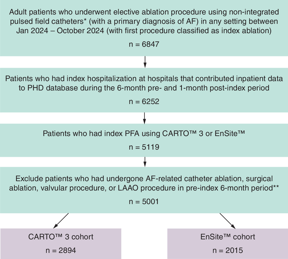Illustration showing patient attrition during the study, starting with 6,847 patients and resulting in 2,894 patients in the CARTO 3 cohort and 2,015 patients in the EnSite cohort.
