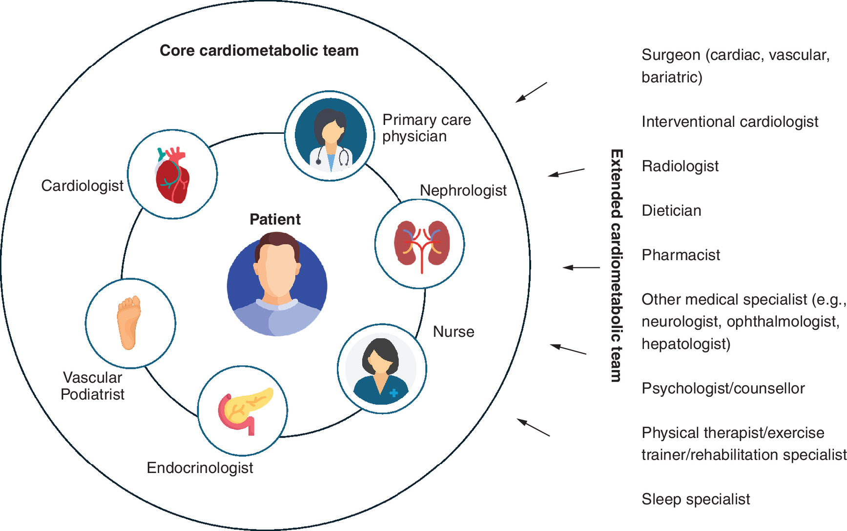 Graphical illustration of a cardiometabolic core care team including a cardiologist, Vascular Podiatrist, endocrinologist, nurse, nephrologist and primary care physician, along with additional specialties feeding into the core team.