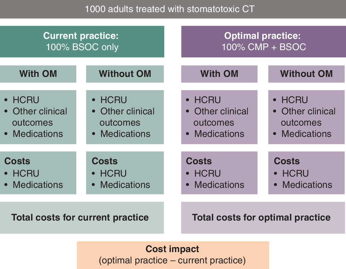 Comparison of two scenarios for adult cancer patients undergoing chemotherapy treatments in a health economics simulation model.
