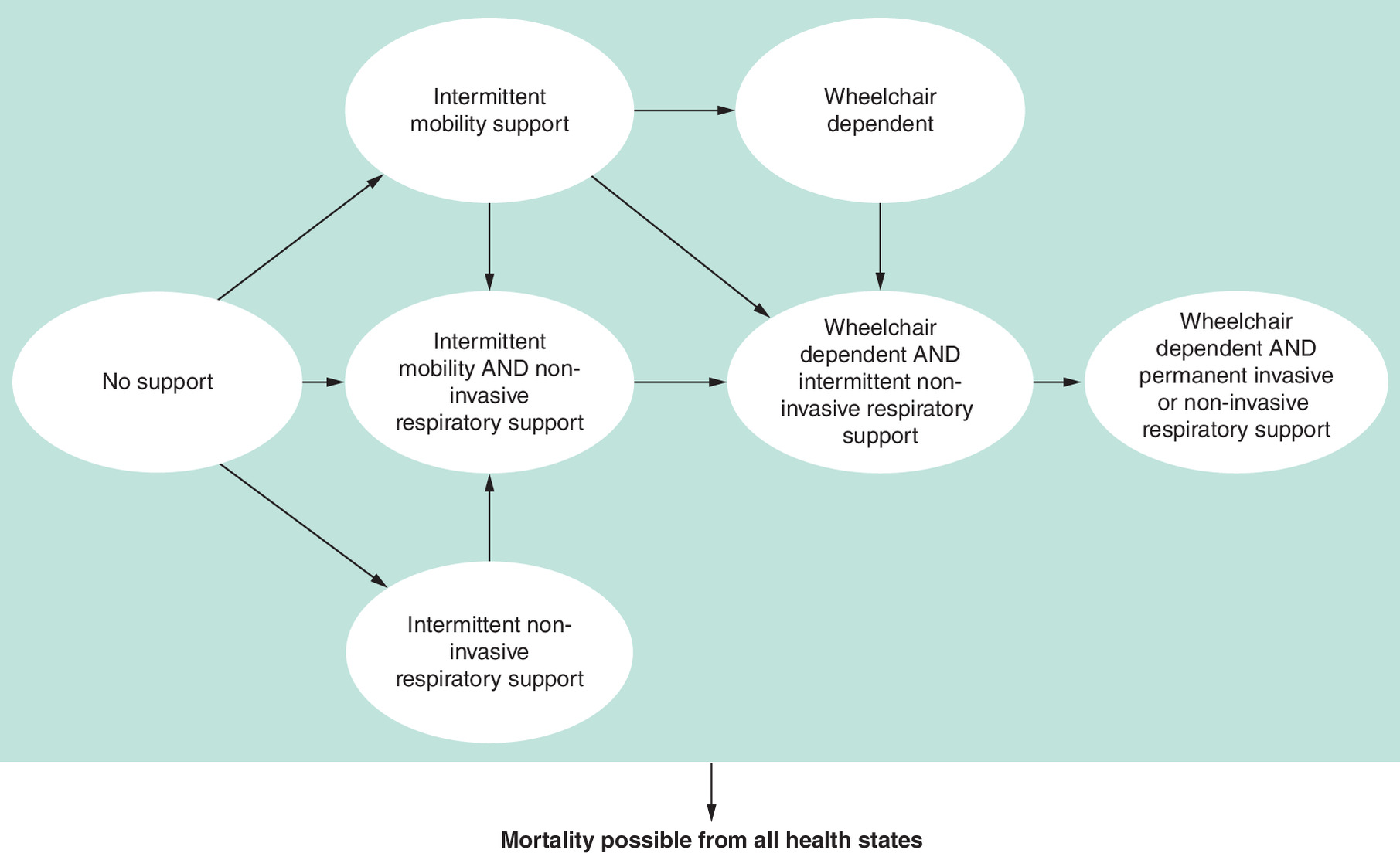 Schematic showing the structure of a model comparing the effects of cipaglucosidase alfa in combination with miglustat (cipa + mig) and alglucosidase alfa (alg) on the disease trajectory of late-onset Pompe disease.