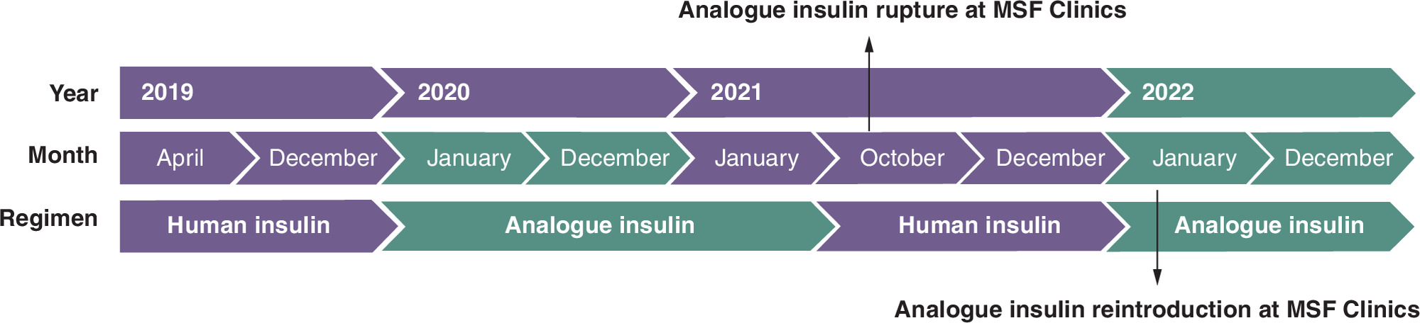 Evolution of insulin treatment methods during the follow-up period, switching between human and analogue insulins.