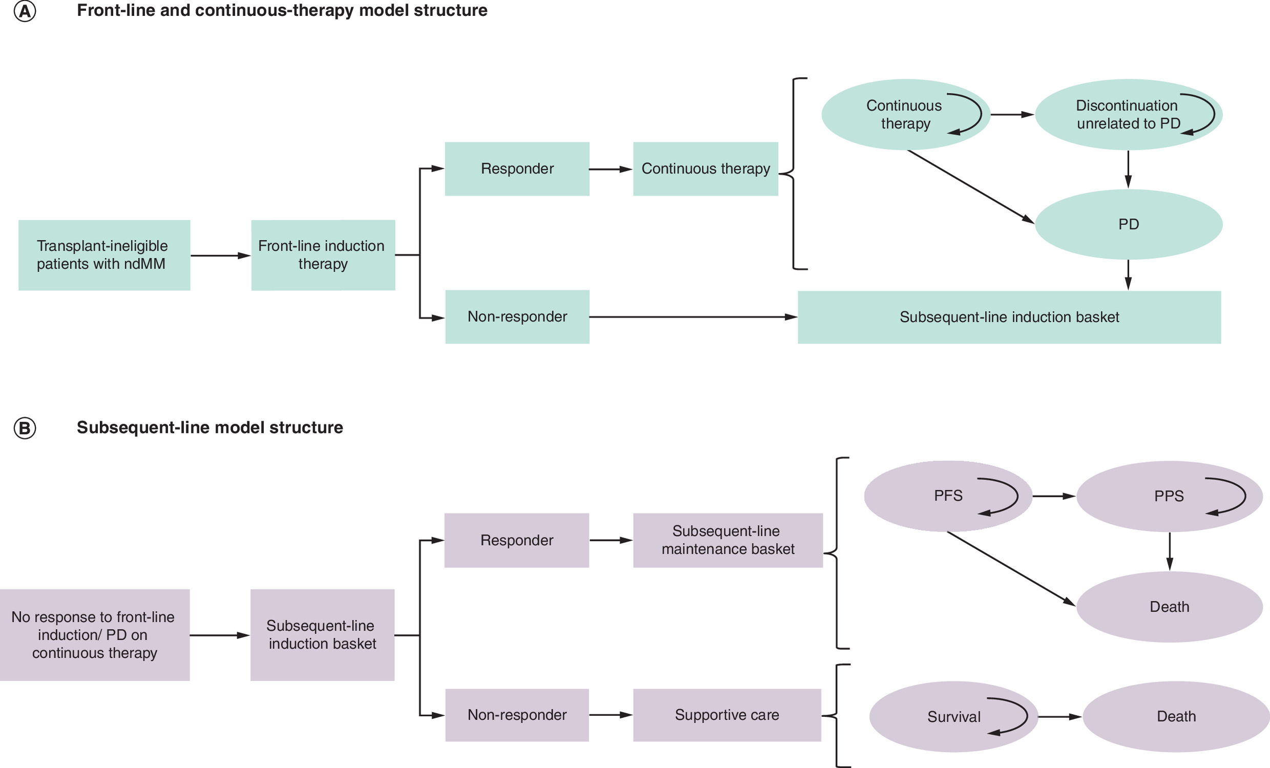 Schematic diagram comparing in-class transition to ixazomib, lenalidomide and dexamethasone (iCT IRd) with daratumumab, lenalidomide, and dexamethasone (DRd) for transplant-ineligible newly diagnosed multiple myeloma in a cost-effectiveness analysis model.