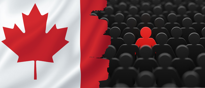 Canadian flag on the left, on the right a crowd of black figures, with one red figure standing out.