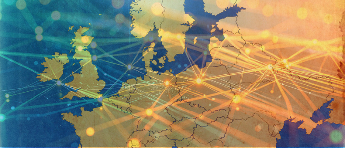 Map of Europe overlaid with glowing orange and blue network lines and connected nodes linking countries across the continent.