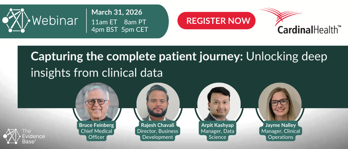 Webinar banner showing the title ‘Capturing the complete patient journey: Unlocking deep insights from clinical data,’ the date and times, a red ‘Register Now’ button, the Cardinal Health logo, and four speaker photos with their names and affiliations.