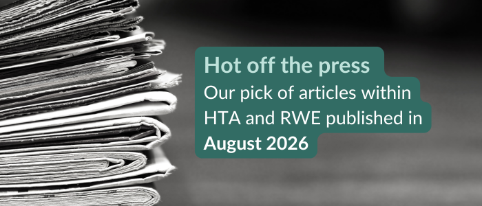 Stack of newspapers on the left with a green text box announcing article picks in HTA and RWE published in August 2026