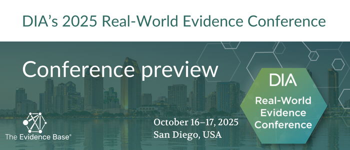 Skyline of San Diego with text promoting DIA 2025 Real-World Evidence Conference preview, scheduled for October 16–17, 2025