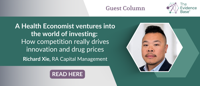 A purple and gray guest column cover featuring a man in a suit within overlapping hexagons. The headline reads “A Health Economist ventures into the world of investing: How competition really drives innovation and drug prices.” It includes the Evidence Base logo, “Guest Column,” the byline “Richard Xie, RA Capital Management,” and a “READ HERE” call to action.