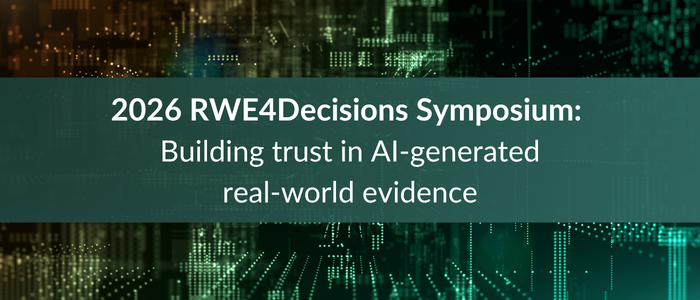 Green and gold digital data patterns behind text reading “2026 RWE4Decisions Symposium: Building trust in AI-generated real-world evidence.”