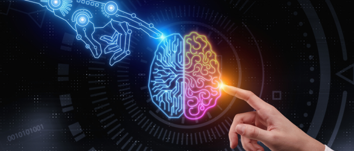 Human hand and robotic hand touch a glowing brain split into digital and organic halves.