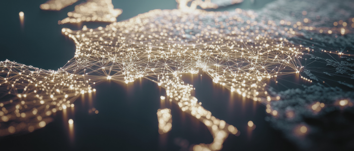 Glowing network lines and connection points forming a digital map of Europe.