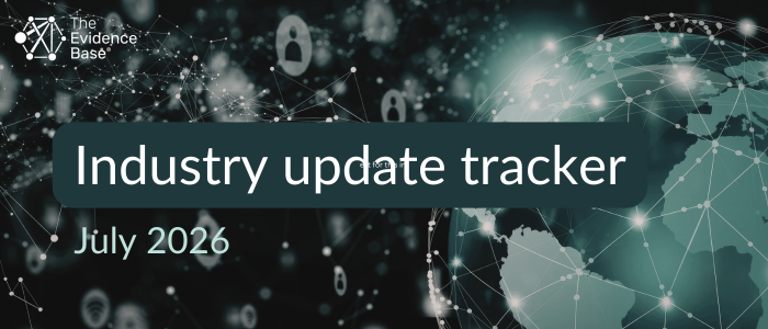 A dark teal tech-themed background with glowing network lines, lock icons, and a partial globe, with the title Industry update tracker and July 2026 overlaid in rounded dark panels.