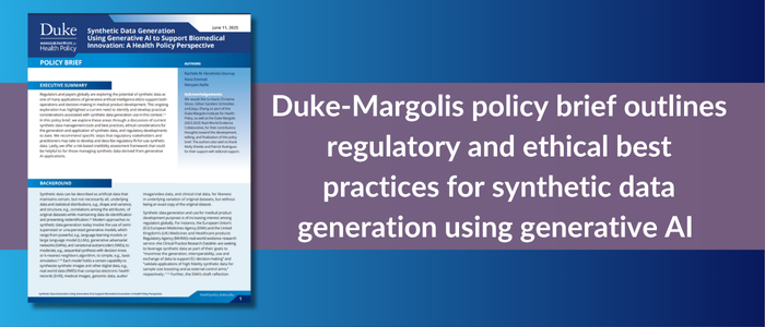 Duke-Margolis policy brief image beside text highlighting best practices for synthetic data generation using generative AI.