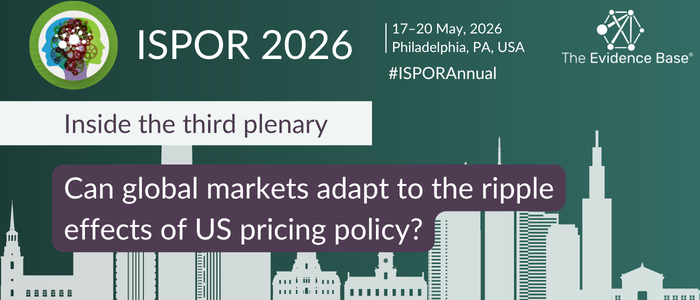 A banner for ISPOR 2026 showing event dates, location, and a headline about ripple effects of US pricing policy, set against a simple city skyline.