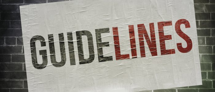 The word 'GUIDELINES' printed in bold black and red letters on a textured white poster, placed against a dark brick wall