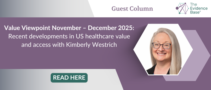 Smiling woman with long hair and glasses beside text about US healthcare value column for Nov–Dec 2025 by Kimberly Westrich