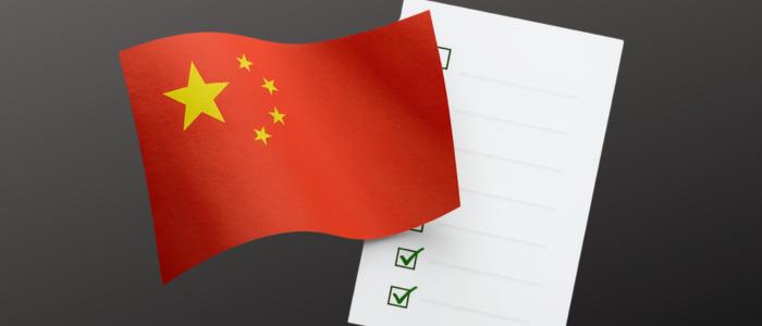 Chinese flag overlapping a checklist document with green ticks against a dark background, representing China's Lecheng Pilot Zone publishing new regulatory guidance for real-world evidence in drug and device approvals.