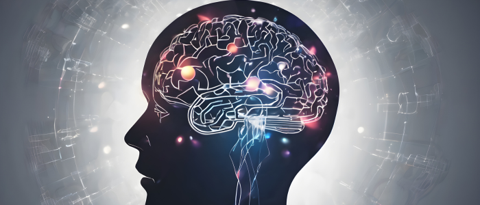 Human head silhouette with an illuminated brain illustration showing glowing neural pathways and highlighted regions.