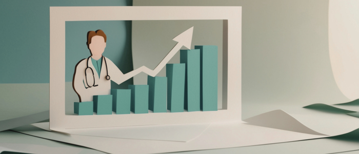 Paper cutout style illustration of a doctor figure beside a rising bar chart with an upward arrow, representing increasing use of real-world evidence in regulatory submission