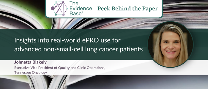 Banner promoting research insights on real-world ePRO use for advanced non-small-cell lung cancer patients, featuring a logo for 'The Evidence Base,' the phrase 'Peek Behind the Paper,' and a smiling researcher in a circular frame. Background shows an open book with layered pages.