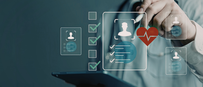 Doctor using a tablet with digital patient profile cards, checklist icons, and a red heart with ECG line overlay.
