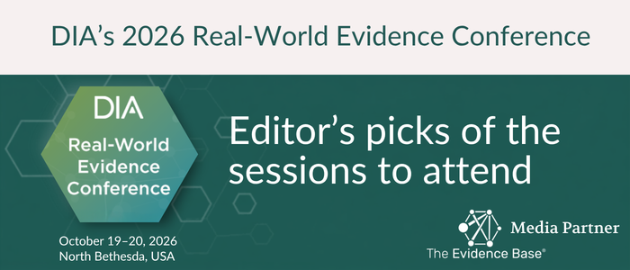 Conference cover featuring a close-up of a doctor’s hand touching a digital screen, set against a pale gray hexagonal pattern. A dark hexagon displays “DIA Real-World Evidence Conference,” with green, white, gray, and black accents and an Evidence Base logo near the lower right.