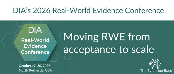 Geometric conference cover in green, white, gray, and blue, featuring a hexagonal pattern and layered hexagon graphic. Text reads “DIA’s 2026 Real-World Evidence Conference,” “October 19–20, 2026,” “North Bethesda, USA,” and “Moving RWE from acceptance to scale.” The DIA and The Evidence Base® logos appear on the page.