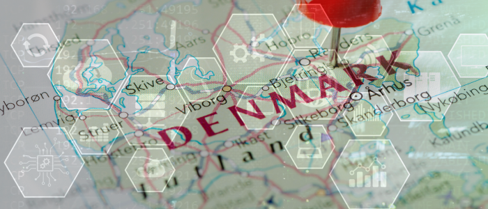 Map of Denmark with a red location pin and overlaid healthcare and data icons, illustrating digital health and real-world evidence.