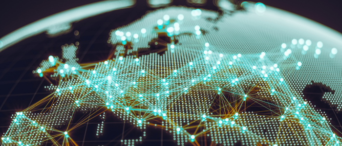 Glowing digital map of Europe with interconnected nodes and network lines, illustrating cross-border health data and collaboration.