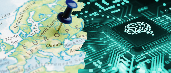 Map of Europe with pin and AI chip graphic with brain icon.