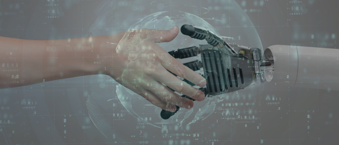 Human hand shakes robotic hand with digital globe and data overlay in background. To represent that HealthVerity and Recursion partner to advance clinical trial design with real-world data.