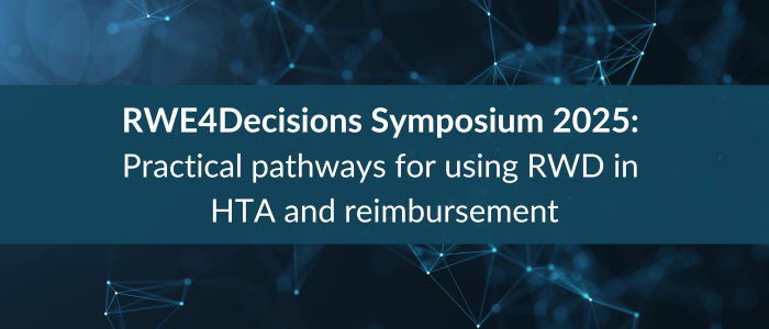 Banner reading “RWE4Decisions Symposium 2025: Practical pathways for using RWD in HTA and reimbursement” on a blue network background