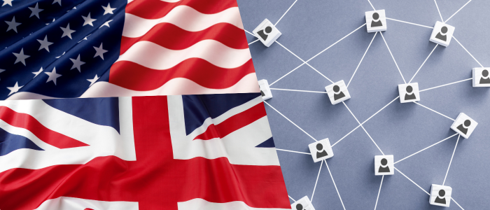 US and UK flags appear next to a connected network of profile icons on a gray background. 