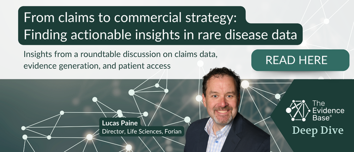 Promotional cover for a deep dive on turning claims data into commercial strategy, with actionable insights on rare disease data from a roundtable discussion featuring Lucas Paine, Director of Life Sciences at Forian