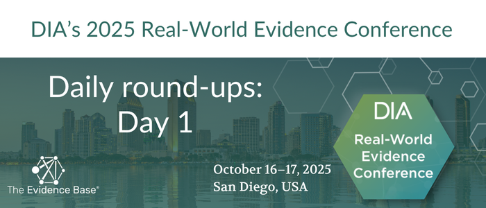 Banner for DIA’s 2025 Real-World Evidence Conference Daily Round-ups: Day 1, with The Evidence Base logo and San Diego skyline background.