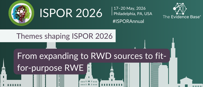 Graphic announcing ISPOR 2026 with event dates, location, and theme about real-world data and evidence, set against a city skyline.