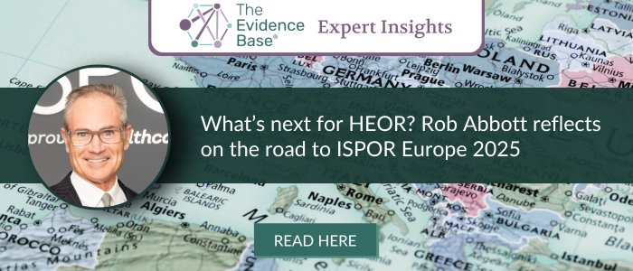 A map of Europe background with a headshot of a man in glasses. Text reads 'What’s next for HEOR? Rob Abbott reflects on the road to ISPOR Europe 2025'