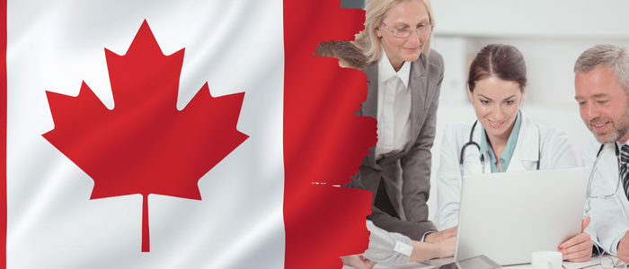 Canadian flag on the left beside group of professionals, including a doctor, reviewing information on a laptop.