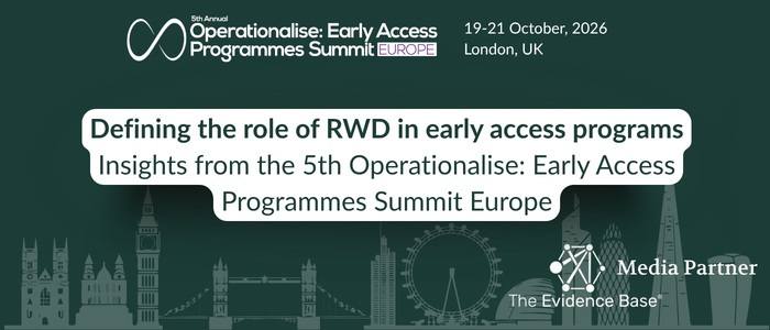Black-and-white London skyline with a light bulb in the foreground. Text reads: “Media Partner,” “19–21 October, 2026,” “London, UK,” and “Defining the role of RWD in early access programs: Insights from the 5th Operationalise: Early Access Programmes Summit Europe.”