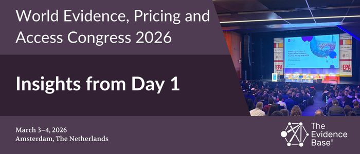 A large conference hall filled with seated attendees watching a brightly lit stage with screens displaying event information for the World Evidence, Pricing and Access Congress 2026, day one