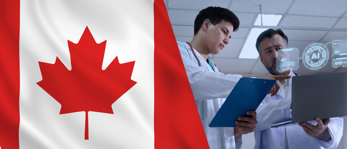 Canadian flag beside two clinicians reviewing a laptop and clipboard with digital AI interface graphics.
